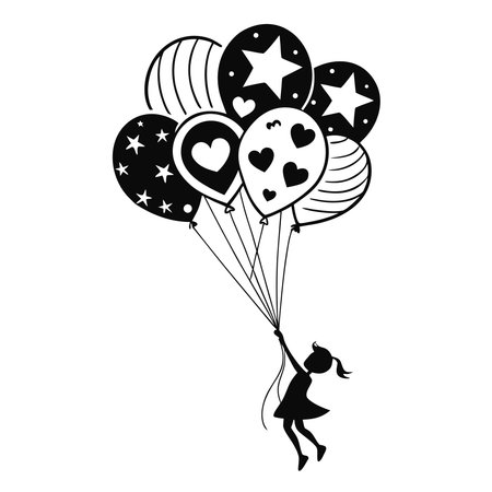 balloons helium with little girl in black and white vector illustration graphic designのイラスト素材