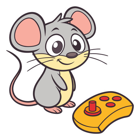 Cute cartoon gray mouse character standing next to a yellow video game controllerのイラスト素材