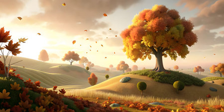 Beautiful autumn landscape with mountain lake and forest. Vector illustration.の写真素材