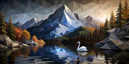Mountain landscape with swan on the lake. Vector illustration.の写真素材