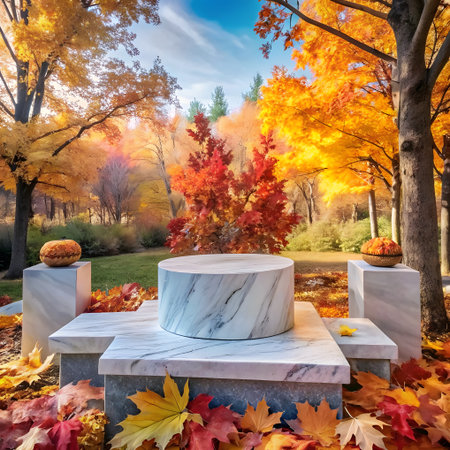 Autumn landscape with podium in the park. Autumn scene.の写真素材