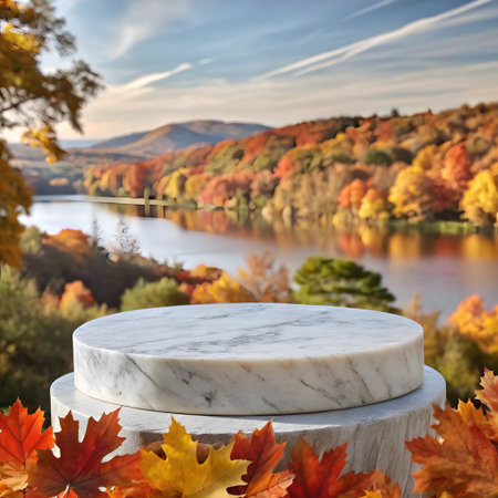 White marble podium with autumn leaves on the background of lake and mountains. 3d renderingの写真素材