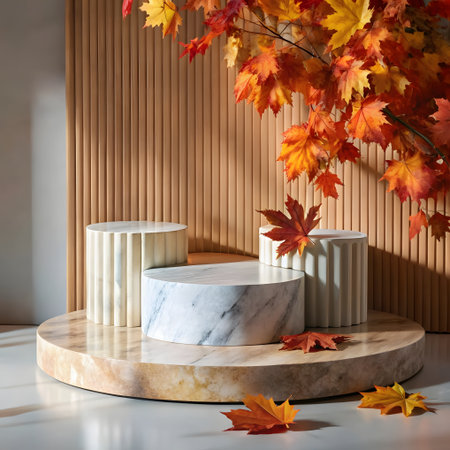 Autumn scene with marble podium and leaves. 3d render.の写真素材