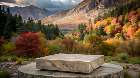 Empty marble podium in front of colorful autumn landscape. 3D Renderingの写真素材