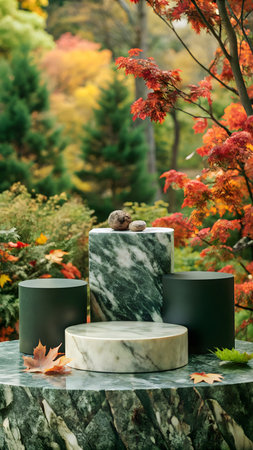 Beautiful autumn background with marble podiums in the park. Autumn scene.の写真素材