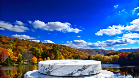 marble podium on the background of autumn landscape with lake and forestの写真素材