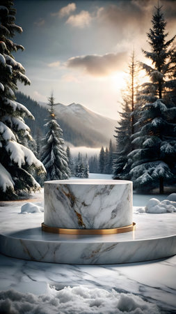 Beautiful winter landscape with a marble podium in the mountains. 3d renderingの写真素材