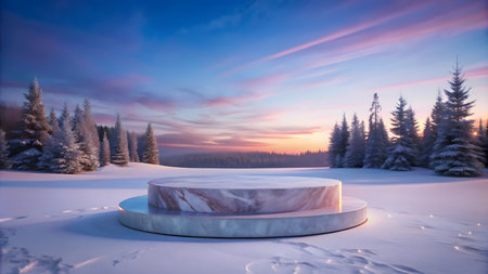 3d render of a winter landscape with a round podium at sunsetの写真素材