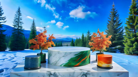 3d render of marble podium with autumn tree and blue sky backgroundの写真素材