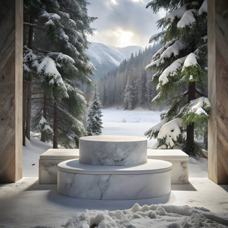White marble podium in the winter forest. 3D render. Christmas background.の写真素材