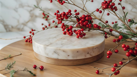 Mockup for product display. White marble podium with red berries on a wooden background.の写真素材