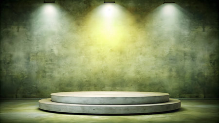 Podium and spotlights on green wall background. 3D renderingの写真素材