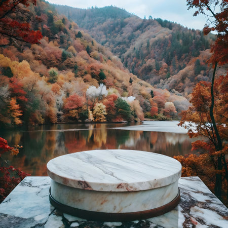 Empty marble table in front of the lake with autumn forest and mountains.