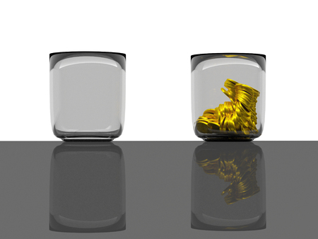 empty glass and  gold coins in glass with shadow , 3D renderingの写真素材