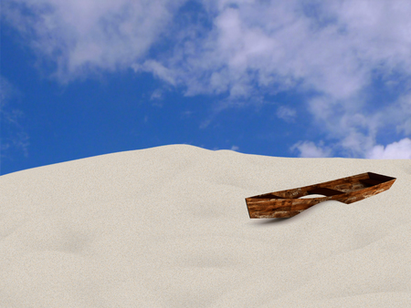wooden boat on the sand, 3D renderingの写真素材