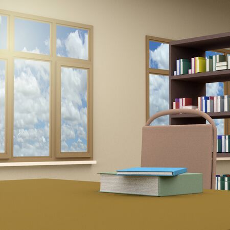 many books on bookshelf and books on table ,3D rendering