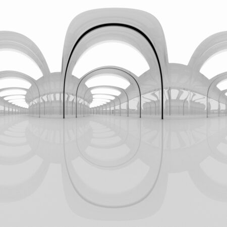 360 degrees spherical panorama of empty shining tunnel with light in the end. 3D Rendering