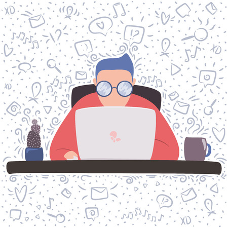 Vector illustration of human in coral sweatshirt, working on laptop, sitting at the table with cup of coffee and cactus. Isolated on white background with fillers on it.のイラスト素材