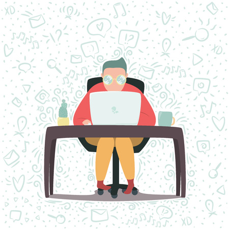 Vector illustration of human in coral sweatshirt and red socks, working on laptop, sitting at the table with cup of coffee and cactus. Isolated on white background with mint fillers on it.のイラスト素材