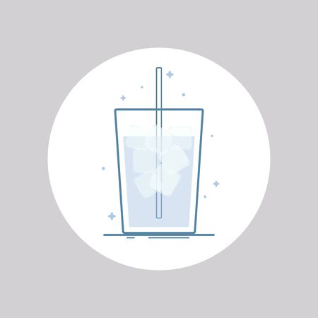 Vector icon of drink in a glass with straw and ice cubes. Isolated in circle. Flat design. Blue colors.のイラスト素材