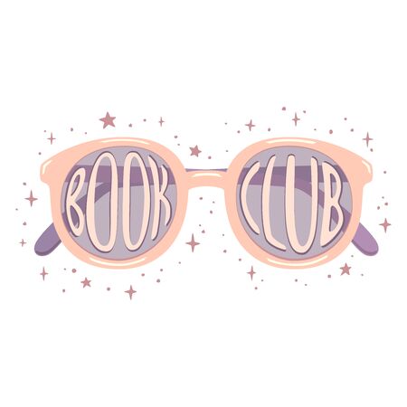 Vector illustration of pink glasses with white lettering Book club inside and with purple stars aroud. Isolated on white background.のイラスト素材