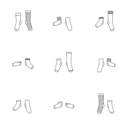 Vector illustration of nine pairs of socks. Different socks in pair. Transparent outline drawing on white background.のイラスト素材