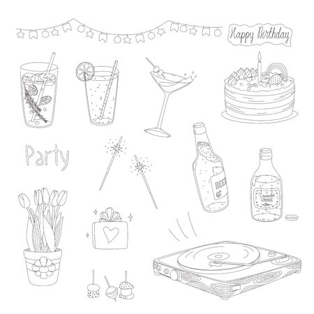 Vector set of illustrations of party things. Birthday cake and presents, drinks and vinyl for music. Expanded stroke. Isolated on white background.のイラスト素材