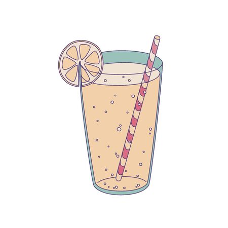 Vector illustration of  lemonade in a glass with straw and lemon slice. Isolated on white background.のイラスト素材