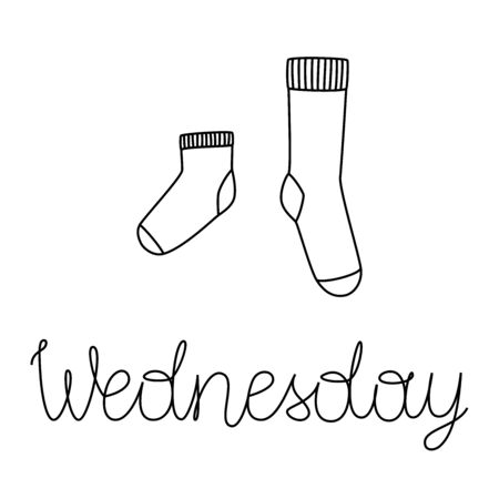 Vector illustration of pair of socks with lettering Wednesday. Weekly socks. Different socks in pair.のイラスト素材