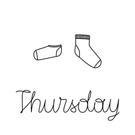 Vector illustration of pair of socks with lettering Thursday. Weekly socks. Different socks in pair.のイラスト素材