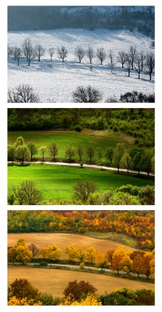 three  seasons landscape with countryside views of Preslav. Winter, spring and autumn