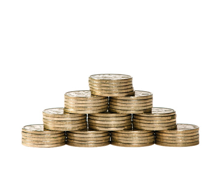 British coins arranged in the form of a pyramidの写真素材