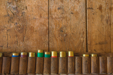 Ammunition on a wooden background with space for text.