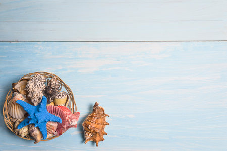 Colorful sea shells in a basket on a blue wooden background.