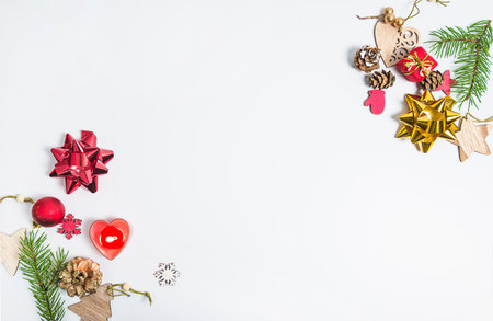 christmas composition. Christmas decorations on white background. Flat lay, top view, copy spaceの写真素材