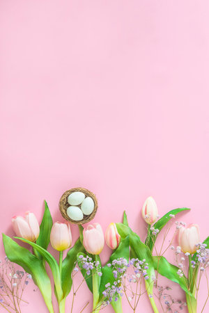 Easter background with tulips and eggs on pastel pink backgroundの写真素材