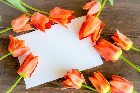 Bouquet of tulips on wooden background. top view.の写真素材
