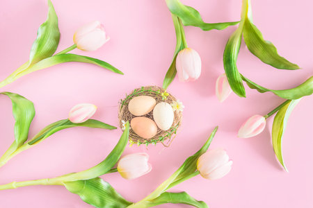 Easter eggs in nest with tulips on pastel pink backgroundの写真素材