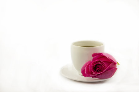 Cup of coffee with pink rose on a white background with copy spaceの写真素材