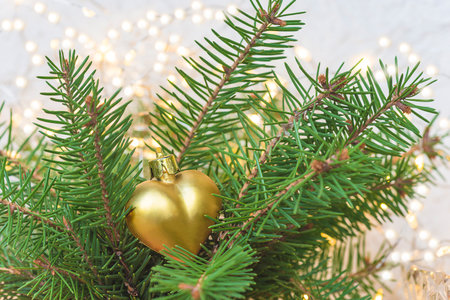 Christmas and New Year background with green fir branches and golden heart.の写真素材