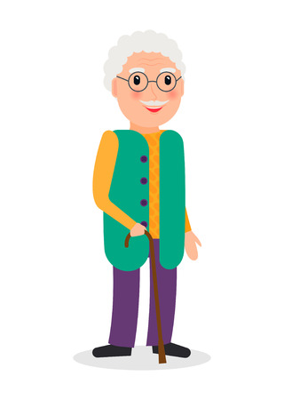 Old man wearing glasses and with cane in flat style. vector illustration of grandpa character with walking stick.のイラスト素材