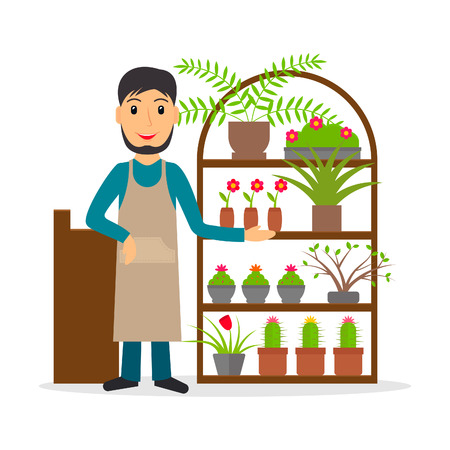 Male florist or flower shop salesperson at the counter in flat style. Vector illustration of smiling man selling flowers and indoor plants.のイラスト素材