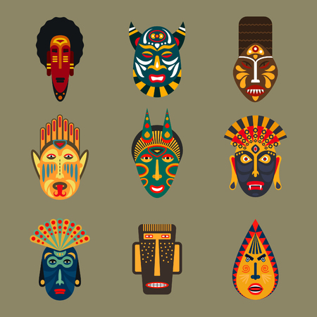 Illustration for Set of ethnic masks in flat style. Collection of african tribal mask icons. - Royalty Free Image