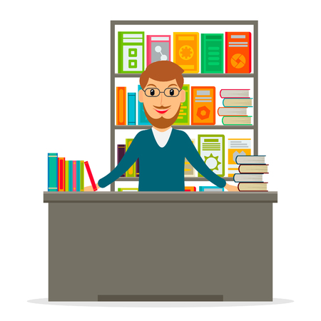 Male bookseller at the counter against shelves with books in flat style. Vector illustration of smiling man selling books at the bookstore or librarian at the library.のイラスト素材