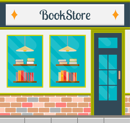 Bookshop facade in flat style. vector illustration of city public building square architecture. Small business store design.のイラスト素材