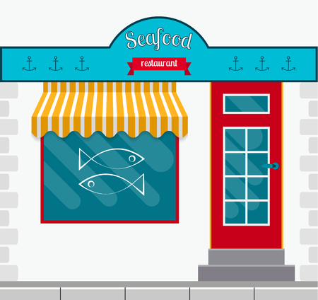 Seafood restaurant facade in flat style. EPS10 vector illustration of city public building square architecture. Small business restaurant design.のイラスト素材