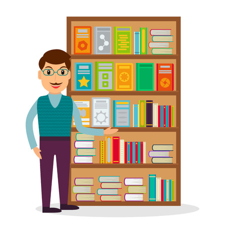 Male bookseller against shelves with books in flat style. Vector illustration of smiling man selling books at the bookstore or librarian at the library.のイラスト素材