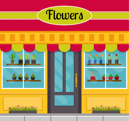 Flower shop facade in flat style. EPS10 vector illustration of city public building. Small business store design.のイラスト素材