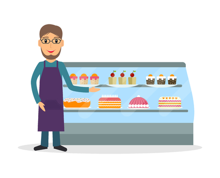 Grocery store or bakery shop male salesperson against vitrine with cakes and pastry in flat style. Smiling gesturing man bakery seller.のイラスト素材