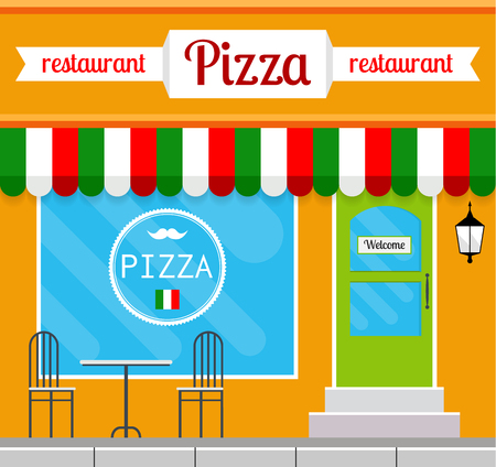 Pizza restaurant facade in flat style. EPS10 vector illustration of city public building square architecture. Small business pizzeria design.のイラスト素材